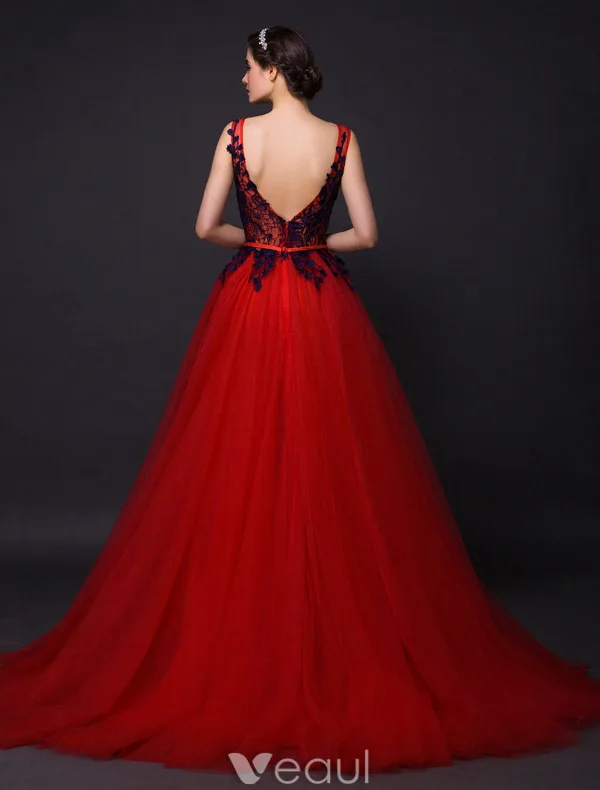 Elegant Prom Dresses 2016 A-line Sleeveless Applique Royal Blue Lace Red Tulle Long Dress Elegant Prom Dresses 2016 A-line Sleeveless Applique Royal Blue Lace Red Tulle Long Dress