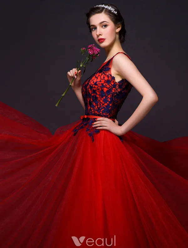 Elegant Prom Dresses 2016 A-line Sleeveless Applique Royal Blue Lace Red Tulle Long Dress