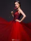 Elegant Prom Dresses 2016 A-line Sleeveless Applique Royal Blue Lace Red Tulle Long Dress