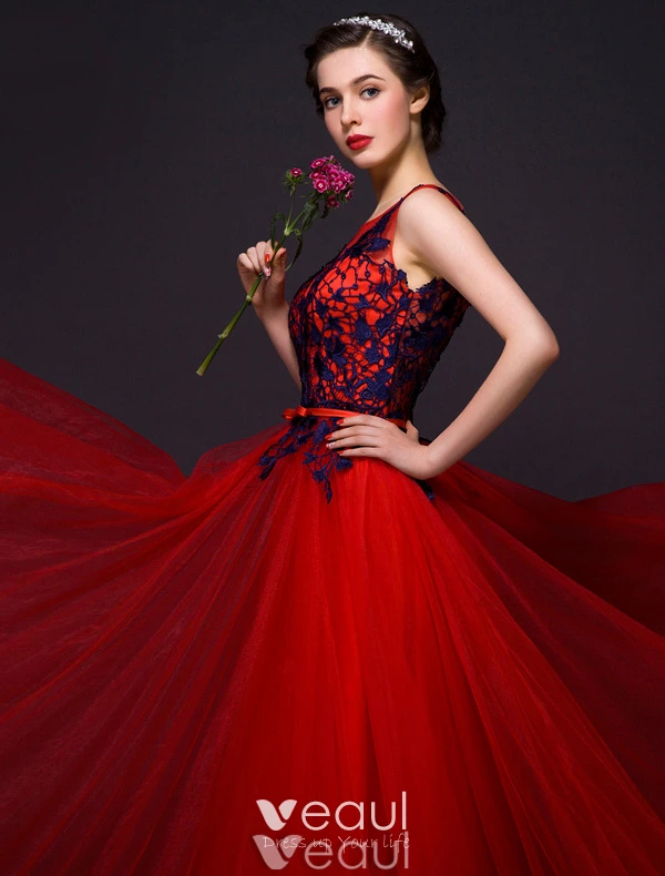 Elegant Prom Dresses 2016 A Line Sleeveless Applique Royal Blue Lace Red Tulle Long Dress Elegant Prom Dresses 2016 A Line Sleeveless Applique Royal Blue Lace Red Tulle Long Dress