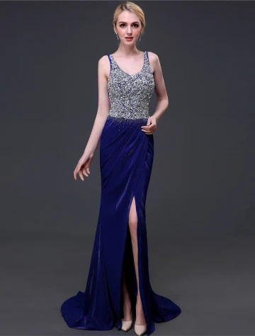 Robe De Soirée Scintillantes 2016 Sirène V Cou Manches Paillettes Perlage Strass Divisés Avant Robe Longue