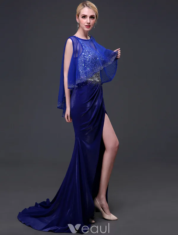 Robe De Soirée Scintillantes 2016 Sirène V-cou Manches Paillettes Perlage Strass Divisés Avant Robe Longue