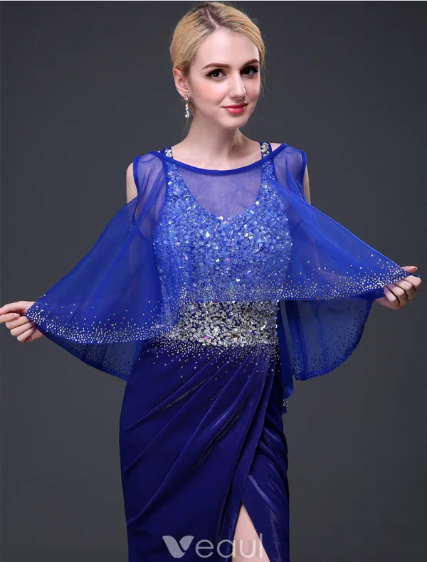 Robe De Soirée Scintillantes 2016 Sirène V-cou Manches Paillettes Perlage Strass Divisés Avant Robe Longue