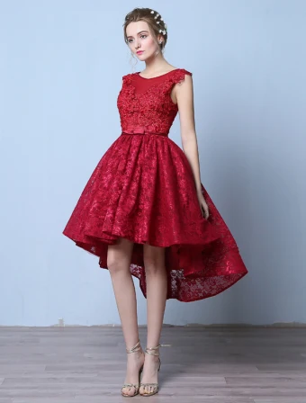 Elegant Cocktail Dresses 2016 Scoop Neck Applique Lace Asymmetrical Short Dress With Beads