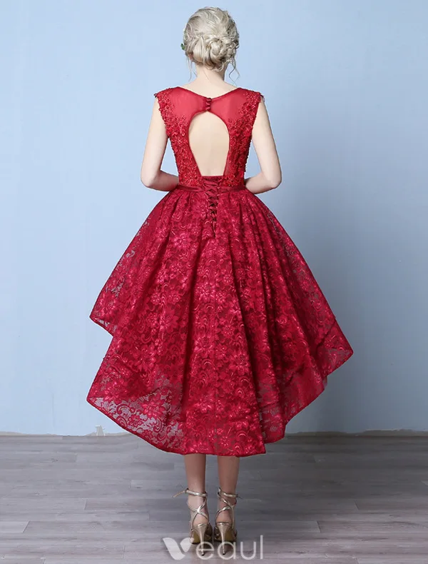 Elegant Cocktail Dresses 2016 Scoop Neck Applique Lace Asymmetrical Short Dress With Beads