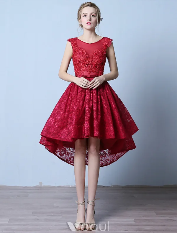 Elegant Cocktail Dresses 2016 Scoop Neck Applique Lace Asymmetrical Short Dress With Beads