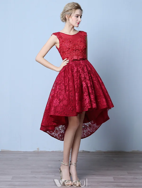 Elegant Cocktail Dresses 2016 Scoop Neck Applique Lace Asymmetrical Short Dress With Beads