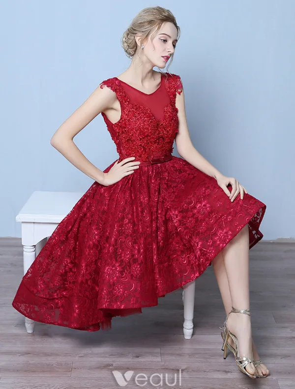 Elegant Cocktail Dresses 2016 Scoop Neck Applique Lace Asymmetrical Short Dress With Beads