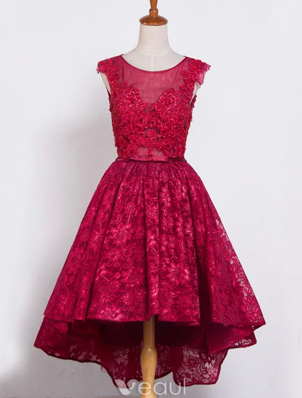 Elegant Cocktail Dresses 2016 Scoop Neck Applique Lace Asymmetrical Short Dress With Beads