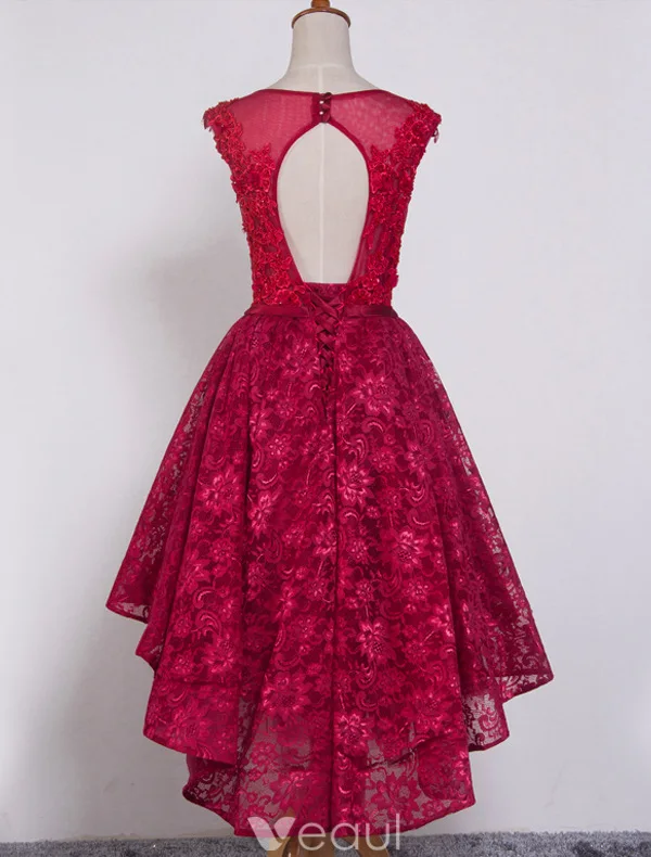 Elegant Cocktail Dresses 2016 Scoop Neck Applique Lace Asymmetrical Short Dress With Beads
