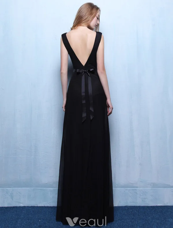Robes De Soirée Sexy 2016 Une Ligne À Faible Dos Nu V Robe De Mousseline À Volants Noir Avec Des Perles