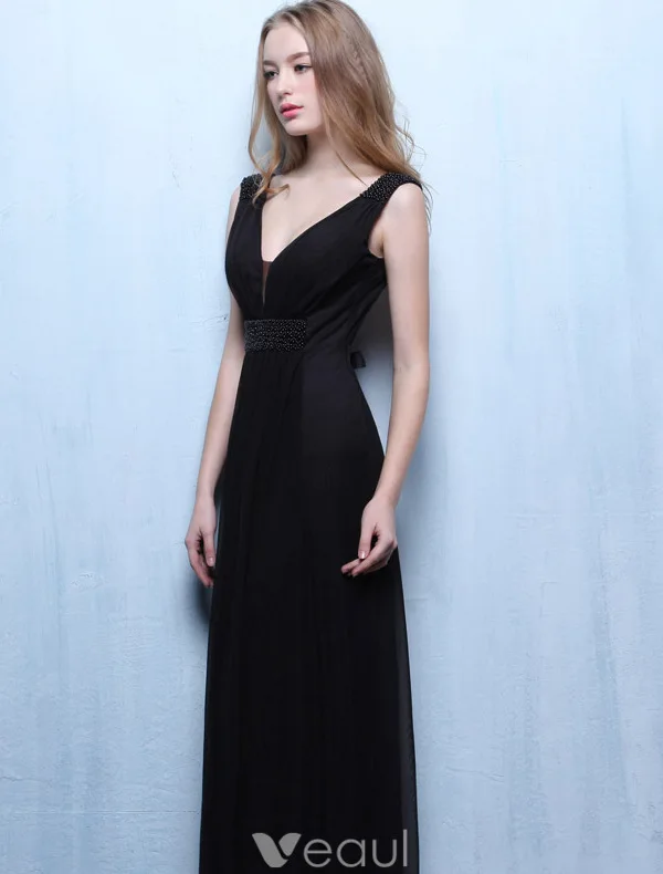 Robes De Soirée Sexy 2016 Une Ligne À Faible Dos Nu V Robe De Mousseline À Volants Noir Avec Des Perles