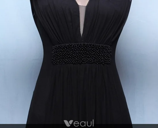 Robes De Soirée Sexy 2016 Une Ligne À Faible Dos Nu V Robe De Mousseline À Volants Noir Avec Des Perles