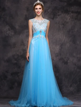 Beautiful Evening Dress 2016 A Line Scoop Neck Applique Lace Beading Ruffle Sky Blue Tulle Long Dress