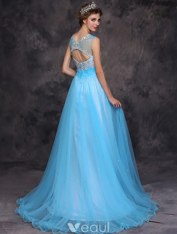Beautiful Evening Dress 2016 A-line Scoop Neck Applique Lace Beading Ruffle Sky Blue Tulle Long Dress
