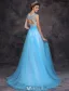 Beautiful Evening Dress 2016 A-line Scoop Neck Applique Lace Beading Ruffle Sky Blue Tulle Long Dress