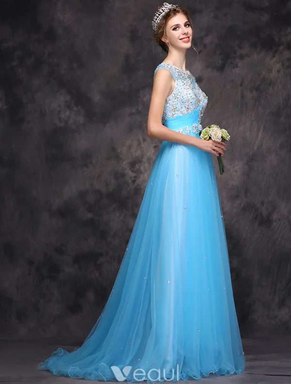 Beautiful Evening Dress 2016 A-line Scoop Neck Applique Lace Beading Ruffle Sky Blue Tulle Long Dress