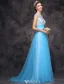 Beautiful Evening Dress 2016 A-line Scoop Neck Applique Lace Beading Ruffle Sky Blue Tulle Long Dress