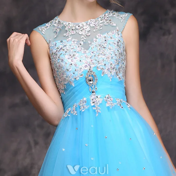 Beautiful Evening Dress 2016 A-line Scoop Neck Applique Lace Beading Ruffle Sky Blue Tulle Long Dress