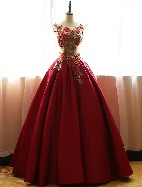 Chinese Style Prom Dresses 2016 Vintage Sleeveless Applique Lace Flowers Ruffle Burgundy Satin Dress