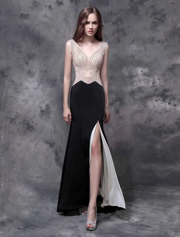 Robes De Soirée Paillettes 2016 Sirène V Cou Sans Manches Perlage Strass Divisé Devant Longue Robe Noire