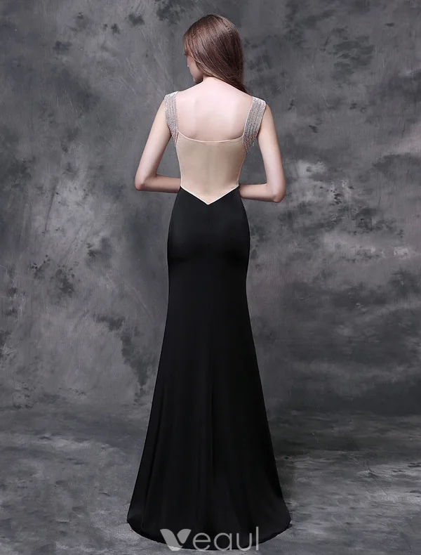 Glitter Evening Dresses 2016 Mermaid V-neck Sleeveless Beading Rhinestone Split Front Black Long Dress