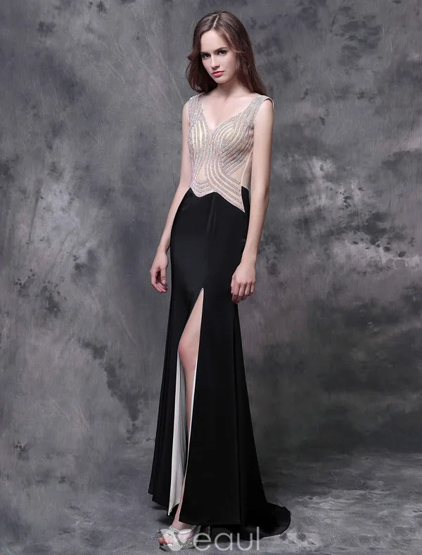 Glitter Evening Dresses 2016 Mermaid V-neck Sleeveless Beading Rhinestone Split Front Black Long Dress