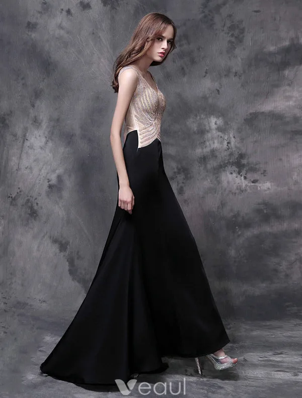 Glitter Evening Dresses 2016 Mermaid V-neck Sleeveless Beading Rhinestone Split Front Black Long Dress
