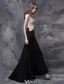 Glitter Evening Dresses 2016 Mermaid V-neck Sleeveless Beading Rhinestone Split Front Black Long Dress