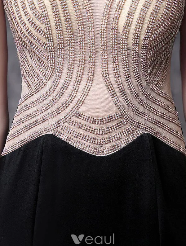 Glitter Evening Dresses 2016 Mermaid V-neck Sleeveless Beading Rhinestone Split Front Black Long Dress