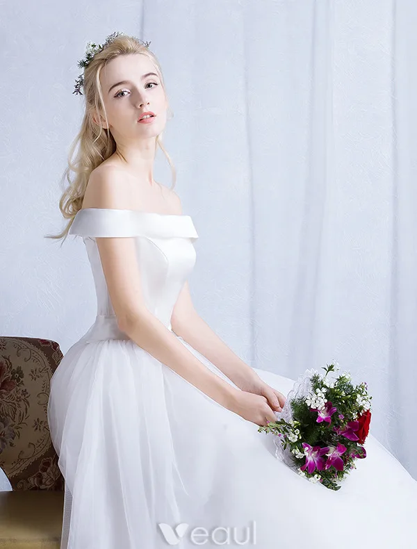 Simple Wedding Dresses 2016 Ball Gown Off The Shoulder Satin With White Tulle Bridal Gown