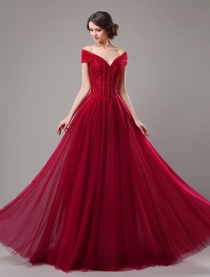 Elegante Ballkjoler 2016 A Linje Off Skulder Beading Korsett Tyll Burgunder Tyll Lang Kjole