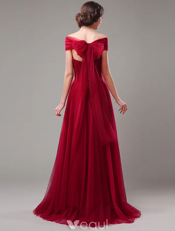 Elegant Prom Dresses 2016 A-line Off The Shoulder Beading Corset Tulle Burgundy Tulle Long Dress
