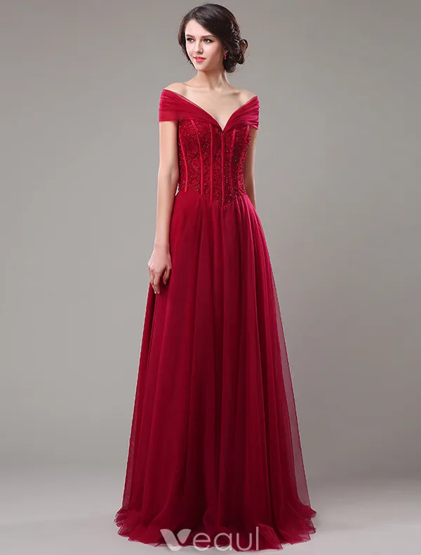 Elegant Prom Dresses 2016 A-line Off The Shoulder Beading Corset Tulle Burgundy Tulle Long Dress