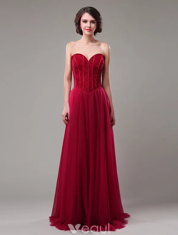 Elegant Prom Dresses 2016 A-line Off The Shoulder Beading Corset Tulle Burgundy Tulle Long Dress