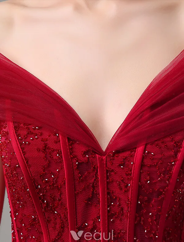 Elegant Prom Dresses 2016 A-line Off The Shoulder Beading Corset Tulle Burgundy Tulle Long Dress