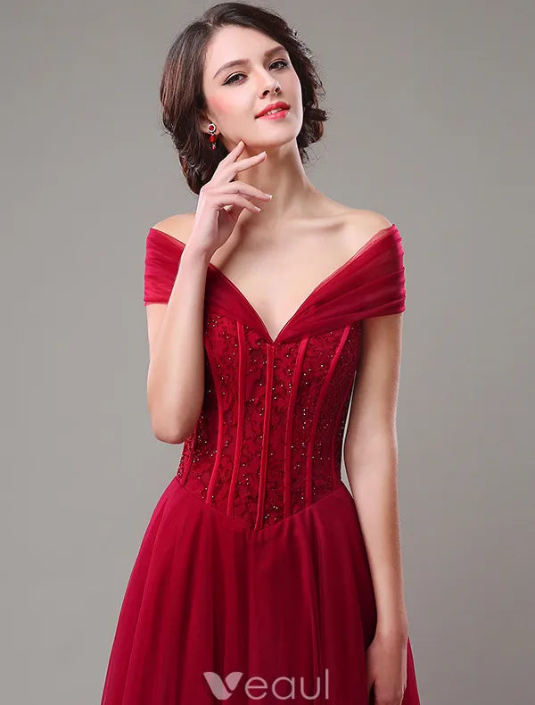 Elegant Prom Dresses 2016 A-line Off The Shoulder Beading Corset Tulle Burgundy Tulle Long Dress
