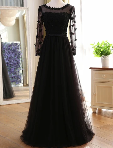 Belles Robe De Soirée 2016 Une Ligne De Pétales Col Rond Appliques Tulle Noir Perlé Robe Longue