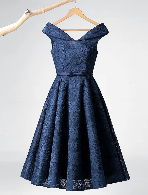 Elegant Party Dresses 2016 A-line V-neck Tea Length Navy Blue Lace Dress