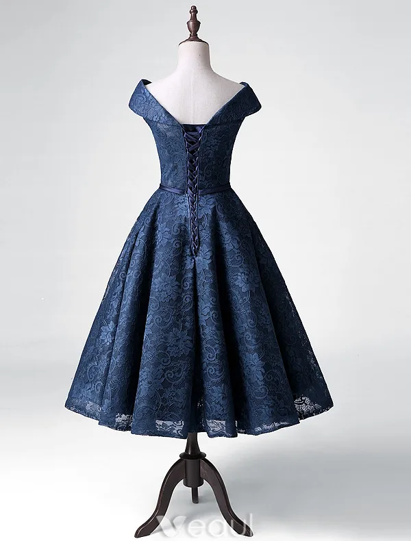 Elegant Party Dresses 2016 A-line V-neck Tea Length Navy Blue Lace Dress
