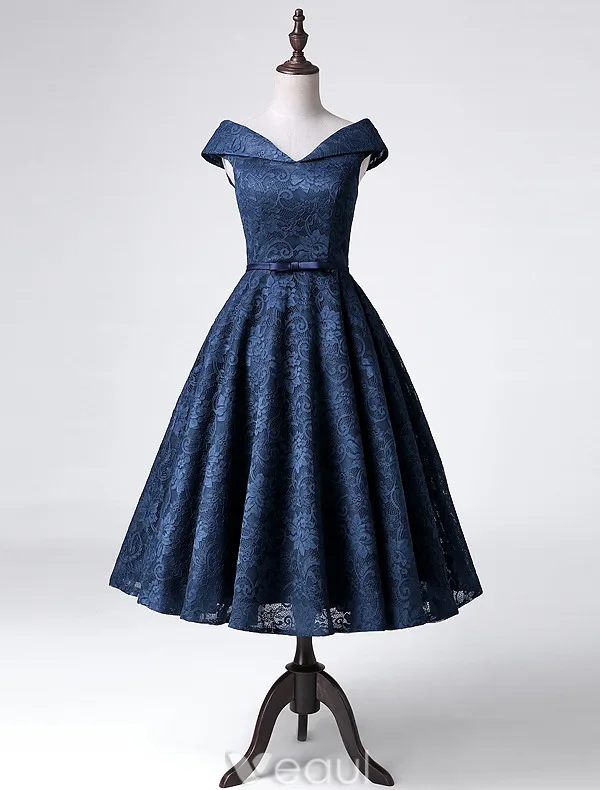 Elegant Party Dresses 2016 A Line V Neck Tea Length Navy Blue Lace Dress