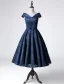 Elegant Party Dresses 2016 A-line V-neck Tea Length Navy Blue Lace Dress