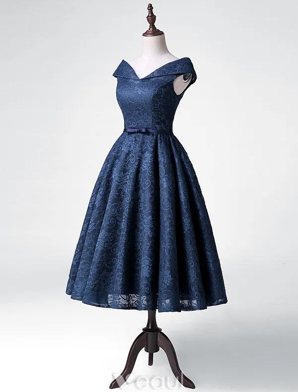 Elegant Party Dresses 2016 A-line V-neck Tea Length Navy Blue Lace Dress