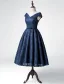 Elegant Party Dresses 2016 A-line V-neck Tea Length Navy Blue Lace Dress