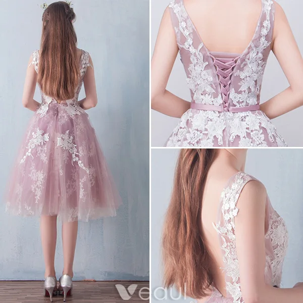 Teenager Prom Dresses 2016 A-line Applique Lace Ruffle Tulle Tea Length Graduation Dress