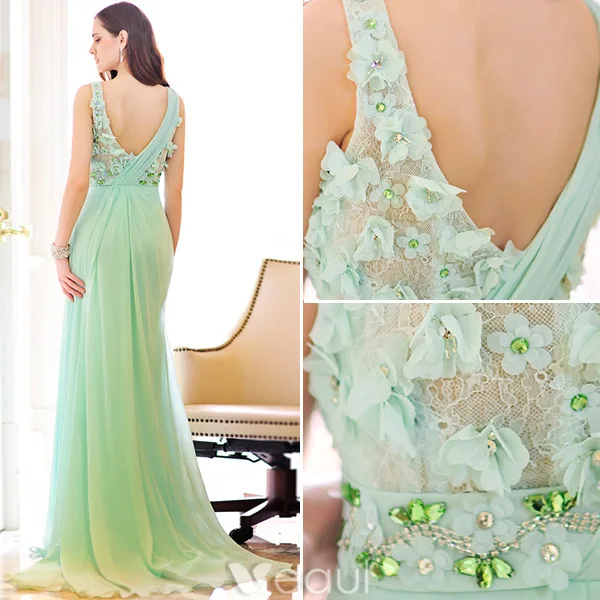 Elegant Sommar Aftonklänningar 2016 V-ringad Rufsa Gröna Chiffong Applique Kronblad Rygglös Lång Klänning