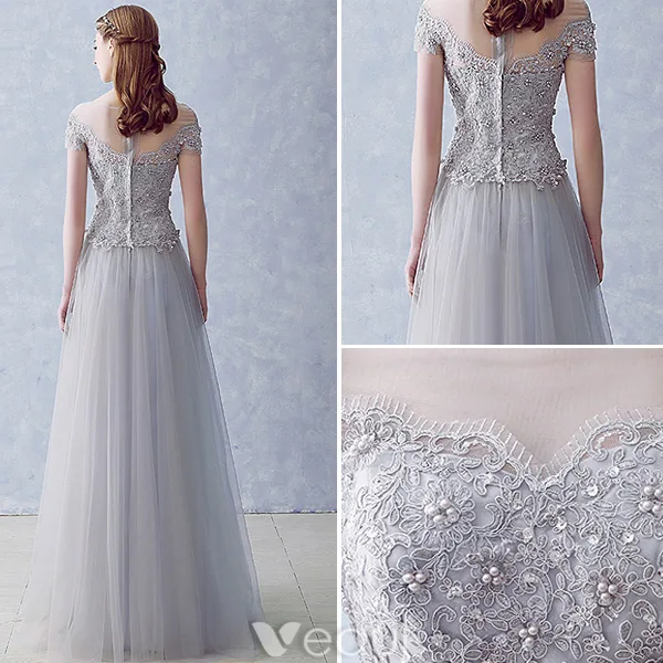 Elegant Evening Dresses 2016 A-line Square Neckline Applique Lace Beading Grey Tulle Long Dress