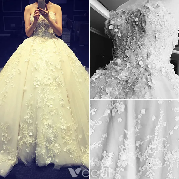 Luxury Wedding Dresses 2016 Ball Gown Strapless Applique Lace Flower Pure Handmade Bridal Dress With 4m Veil
