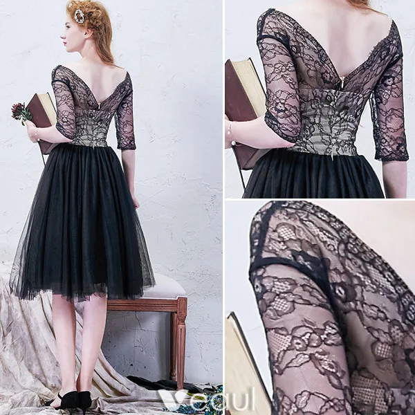 Beautiful Little Black Graduation Dresses 2016 A-line V-neck Ruffled Tulle With Lace Sleeves Knee Length Dress