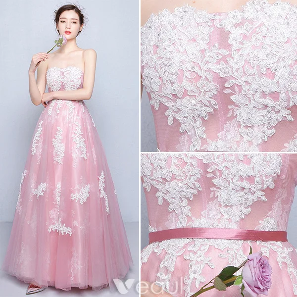 Beautiful Prom Dresses 2016 A-line Strapless Applique White Lace Red Tulle Long Dress